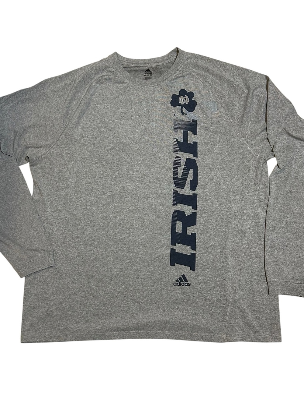 Adidas Gray Long-Sleeve 'Irish' Performance Tee with Navy Logo Sz 2XL Go Irish!